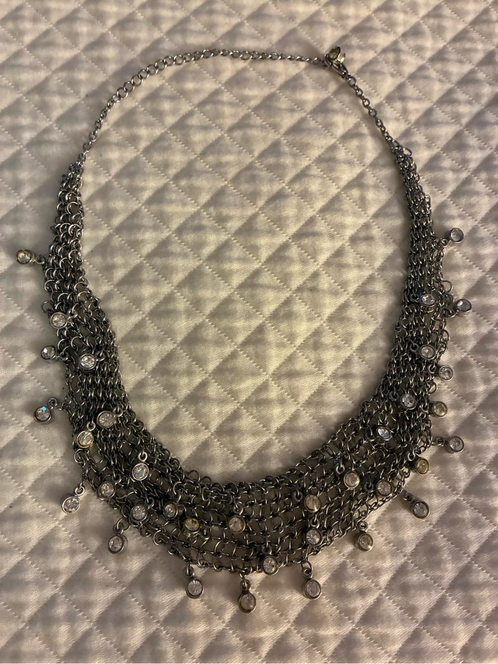 Silver-Tone Layered Mesh Chain Necklace with Crystal Drops - Unbranded